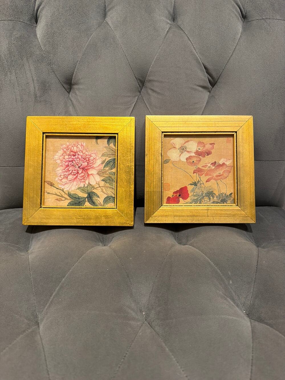 Vintage Yun Shouping Framed Chinese Art Prints Pair Peony Poppies Gold Gilt Wood